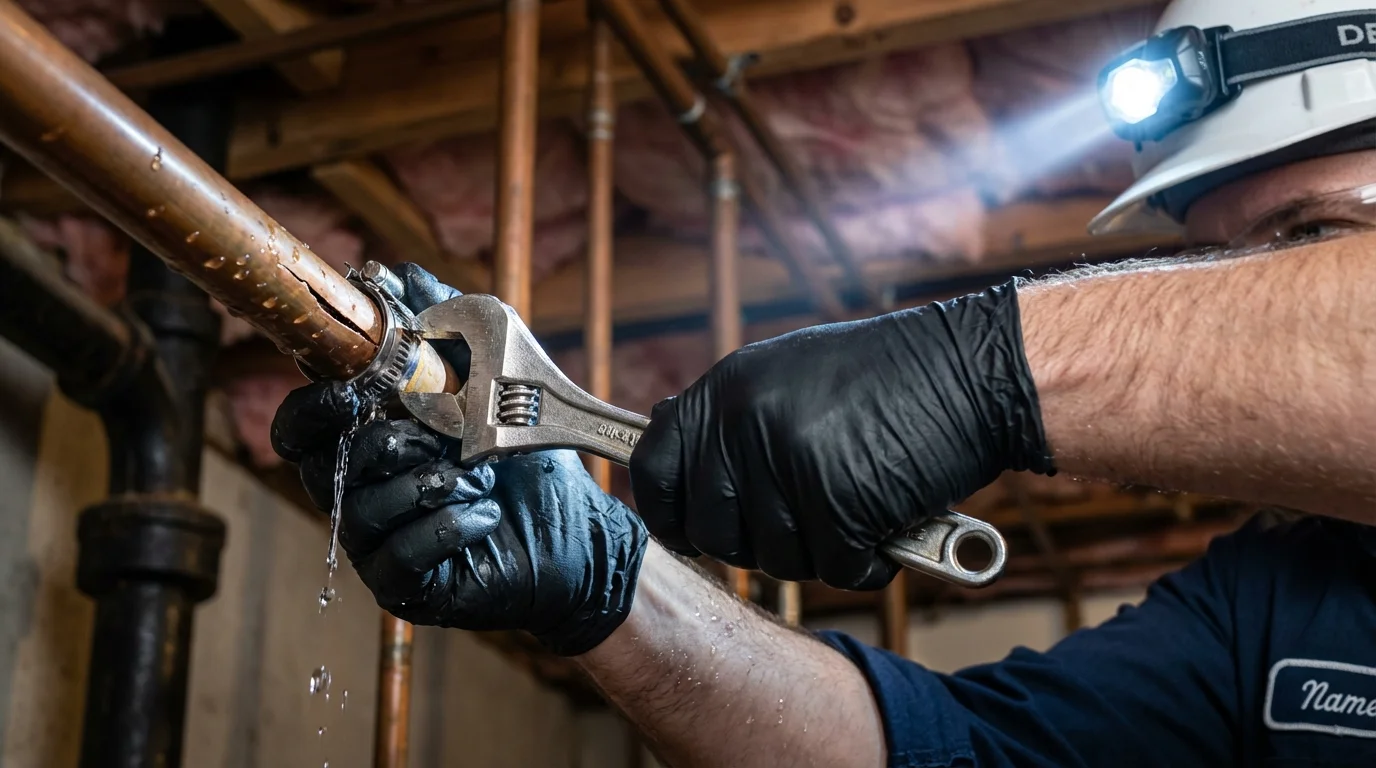 Emergency pipe clamp repair being performed by a Johns Plumbing LLC plumber in Tenino