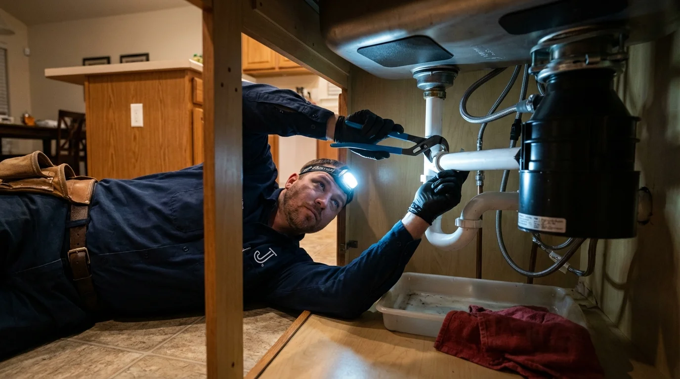 P-trap and supply line connections under a kitchen sink showing a common leak point in Tenino, WA